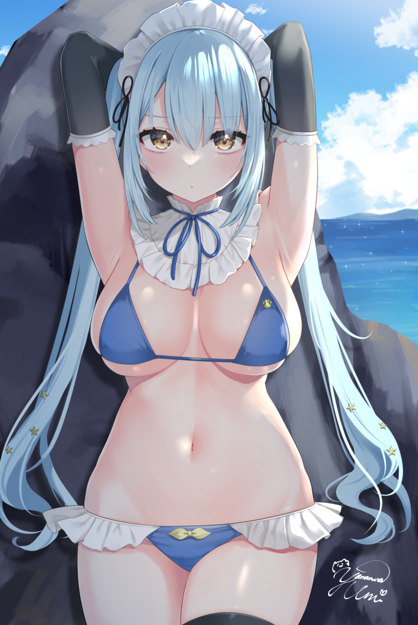 1girl armpits arms_up bikini black_gloves black_legwear blue_bikini blue_hair blue_ribbon blue_sky blush breasts cleavage closed_mouth cloud cowboy_shot day elbow_gloves frilled_bikini frilled_shirt_collar frills gloves hair_ornament highres large_breasts long_hair looking_at_viewer maid_headdress navel neck_ribbon ocean original outdoors ribbon rock signature skindentation sky solo star_(symbol) star_hair_ornament stomach swimsuit thighhighs twintails very_long_hair yamamura_umi yellow_eyes