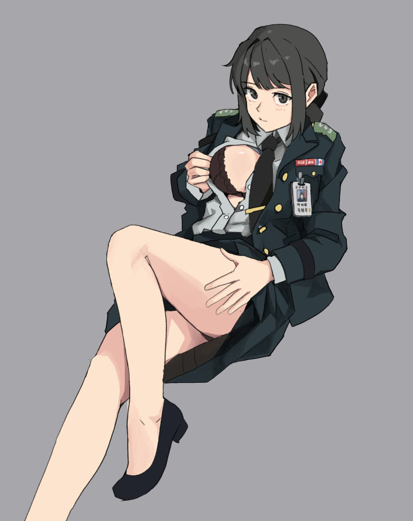 1girl black_bra black_eyes black_footwear black_hair black_jacket black_neckwear blush bra breasts epaulettes expressionless grey_background grey_shirt hand_on_own_thigh highres id_card jacket korean_commentary korean_text lace-trimmed_bra lace_trim medium_breasts military military_uniform open_clothes original perfect_han self_exposure shirt solo thighs underwear uniform