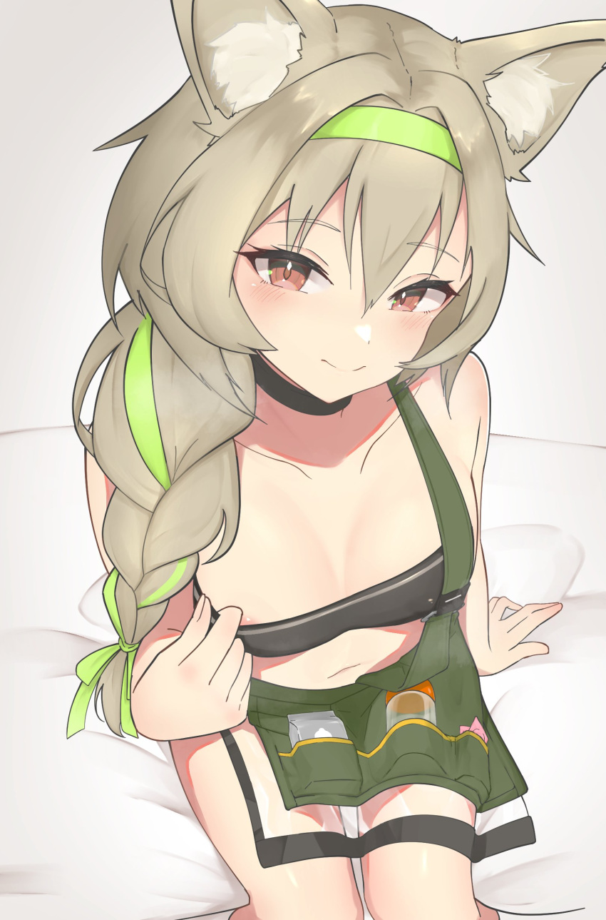 1girl absurdres aoi_mochio apron arknights beanstalk_(arknights) braid breasts brown_eyes brown_hair collarbone from_above green_apron green_hairband hair_between_eyes hair_intakes hairband highres hyena_ears hyena_girl navel side_braid single_braid sitting small_breasts smile solo