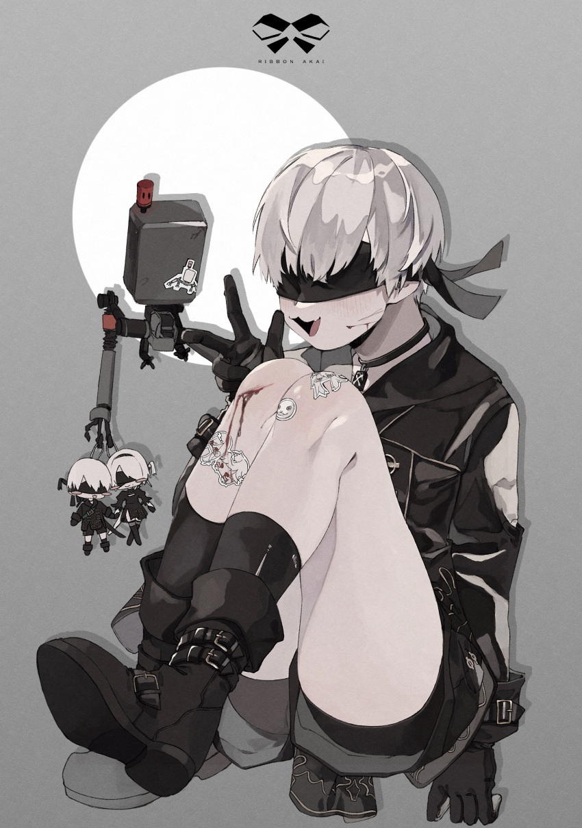 1boy absurdres bishounen black_coat black_gloves blindfold blood boots character_request choker coat full_body gloves highres injury keychain male_focus nier_(series) nier_automata ribbon_akai short_hair shorts sitting smile socks solo sticker thighs white_hair yorha_no._2_type_b yorha_no._9_type_s