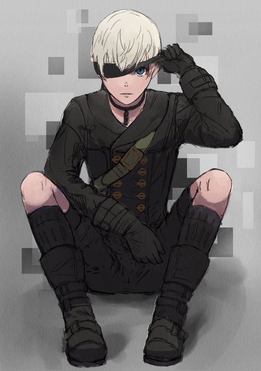 1boy absurdres bishounen black_coat blindfold blindfold_lift blue_eyes boots choker coat full_body highres male_focus nier_(series) nier_automata one_eye_covered short_hair shorts sitting socks solo thighs user_prwy8222 white_hair yorha_no._9_type_s