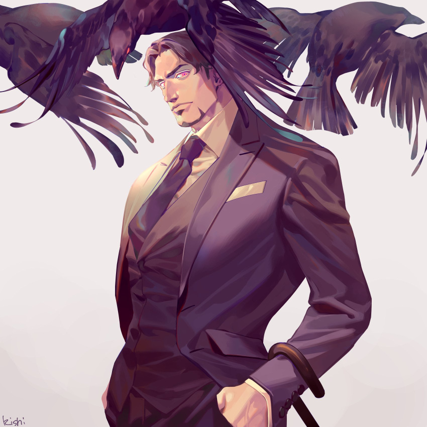 1boy bara bird coat collared_shirt commentary_request crow facial_hair formal highres lapel long_sleeves male_focus mature_male muscular muscular_male necktie original reisei_zero shirt solo