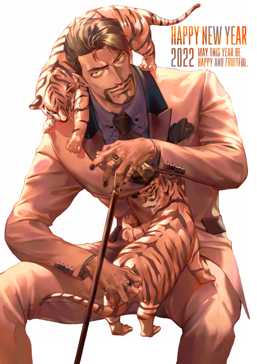 1boy bara cane chinese_zodiac coat collared_shirt commentary formal highres jewelry lapel long_sleeves male_focus mature_male muscular muscular_male necktie original reisei_zero ring shirt solo tiger year_of_the_tiger