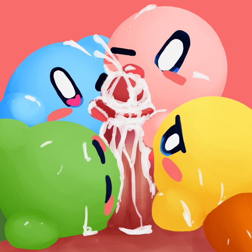 ambiguous_gender blue_body blush bodily_fluids cum cum_in_mouth cum_inside cum_on_body cum_on_face eyes_closed genital_fluids genitals green_body group half-closed_eyes hi_res human humanoid_genitalia humanoid_penis keeby kirby kirby_(series) licking looking_pleasured male male/ambiguous mammal narrowed_eyes nintendo not_furry one_eye_closed oral penile penis penis_lick pink_body sex tongue tongue_out video_games waddling_head yellow_body