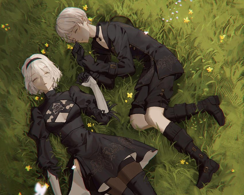 1boy 1girl bishounen black_coat black_gloves black_hairband boots choker closed_eyes coat cowboy_shot flower full_body gienn45 gloves grass hairband nier_(series) nier_automata short_hair shorts skirt sleeping socks thighhighs thighs white_hair yorha_no._2_type_b yorha_no._9_type_s