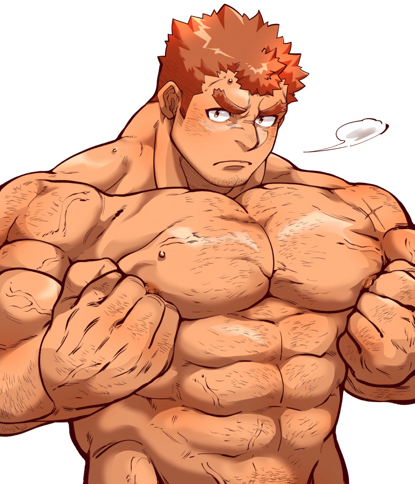 1boy =3 abs bara blush brown_hair chest_hair facial_hair goatee highres kengo_(housamo) kizami_nori_to_yamaimo large_pectorals long_sideburns male_focus muscular muscular_male nipples pectoral_squeeze pectorals short_hair sideburns sigh solo stubble thick_eyebrows tokyo_afterschool_summoners topless_male upper_body white_background
