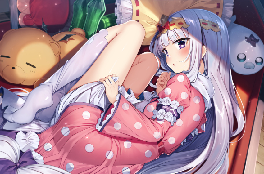 1girl :o animal_ear_legwear aurora_sya_lis_kaymin blush commentary_request dress frilled_pillow frills gurasion_(gurasion) juliet_sleeves kneehighs knees_up long_hair long_sleeves lying maou-jou_de_oyasumi no_shoes on_side parted_lips pillow pink_dress puffy_sleeves purple_eyes silver_hair soles star_(symbol) star_in_eye stuffed_animal stuffed_toy symbol_in_eye teddy_bear teddy_demon very_long_hair white_legwear