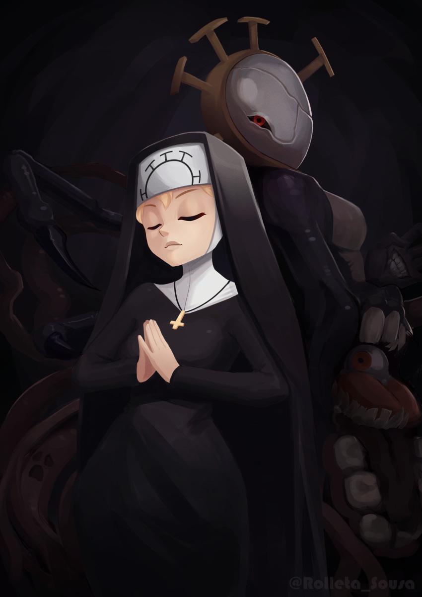 1girl absurdres black_dress blonde_hair closed_eyes closed_mouth cross cross_necklace double_(skullgirls) dress eldritch_abomination facing_viewer highres inverted_cross jewelry long_sleeves looking_at_viewer necklace nun praying red_eyes rolleta_sousa skullgirls standing twitter_username