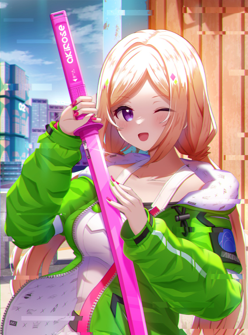 1girl ;d absurdres aki_rosenthal bangs blonde_hair blue_sky blush breasts building cloud cloudy_sky collarbone commentary_request cyberpunk_2077 day dress eyebrows_visible_through_hair glitch green_jacket green_nails highres holding holding_sword holding_weapon hololive hood hood_down hooded_jacket jacket katana long_hair long_sleeves looking_at_viewer low_twintails medium_breasts mikomiko_(mikomikosu) multicolored_nails nail_polish one_eye_closed open_clothes open_jacket outdoors parted_bangs puffy_long_sleeves puffy_sleeves purple_eyes red_nails sheath sheathed sky skyscraper sleeves_past_wrists smile solo sword twintails very_long_hair weapon white_dress