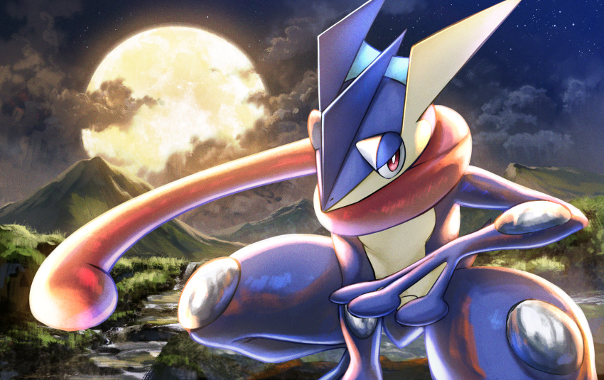 akky_(akimi1127) between_legs cloud cloudy_sky commentary_request full_moon greninja hand_between_legs highres long_tongue looking_at_viewer moon mountain night night_sky no_humans outdoors pokemon pokemon_(creature) red_eyes river sky solo squatting tongue water