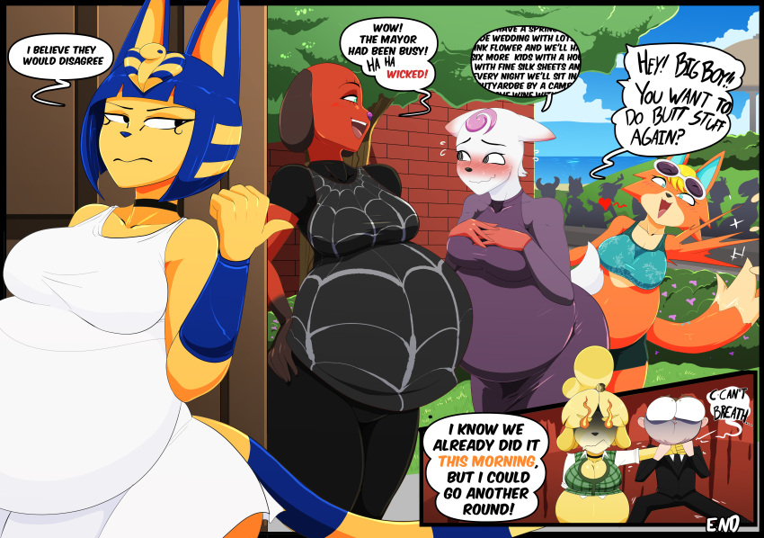 &lt;3 5_fingers absurd_res angry animal_crossing ankha_(animal_crossing) anthro asphyxiation audie_(animal_crossing) belly big_belly big_breasts black_body black_fur blonde_hair blue_body blue_eyes blue_hair blush bodily_fluids bottomwear bra breasts canid canine canis cervid cheri_(animal_crossing) choker choking clothed clothing day dialogue diana_(animal_crossing) domestic_cat domestic_dog dress english_text eyebrow_through_hair eyebrows eyewear eyewear_on_head felid feline felis female fingers floppy_ears fur group hair hands_on_hips hi_res human isabelle_(animal_crossing) jewelry male mammal midriff multicolored_body multicolored_fur necklace nintendo open_mouth orange_body orange_fur outside pregnant red_body red_fur shih_tzu shorts speech_bubble sports_bra sunglasses sunglasses_on_head sweat text topwear toy_dog translucent translucent_hair two_tone_body two_tone_fur underwear vale-city video_games villager_(animal_crossing) white_body white_fur wolf