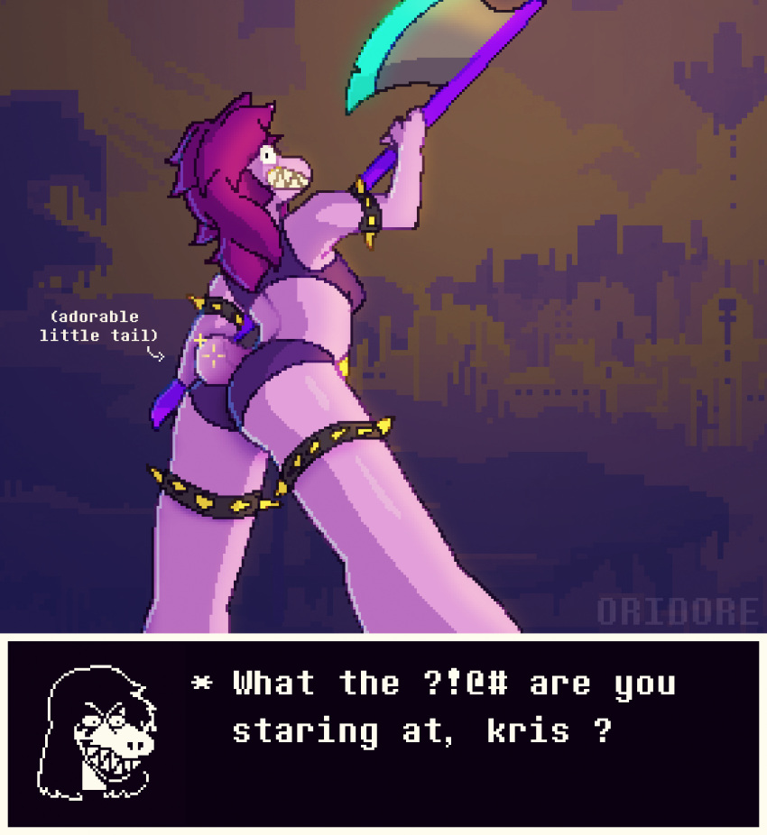 absurd_res angry angry_eyes animal_humanoid anthro axe butt censored_speech censored_text clothing deltarune digital_media_(artwork) female glistening glistening_body glistening_skin gold_(metal) hi_res humanoid kris_(deltarune) melee_weapon mostly_nude oridore pink_body pixel_(artwork) profanity purple_background purple_clothing rage_face reptile reptile_humanoid scalie scalie_humanoid simple_background solo susie_(deltarune) text undertale_(series) underwear video_games weapon yellow_teeth