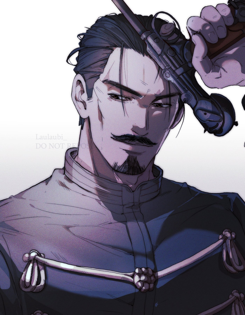 black_eyes black_hair commentary facial_hair goatee golden_kamuy hair_slicked_back highres imperial_japanese_army jacket laulaubi long_sleeves looking_at_viewer male_focus military military_uniform mustache short_hair smile solo tsurumi_tokushirou uniform weapon