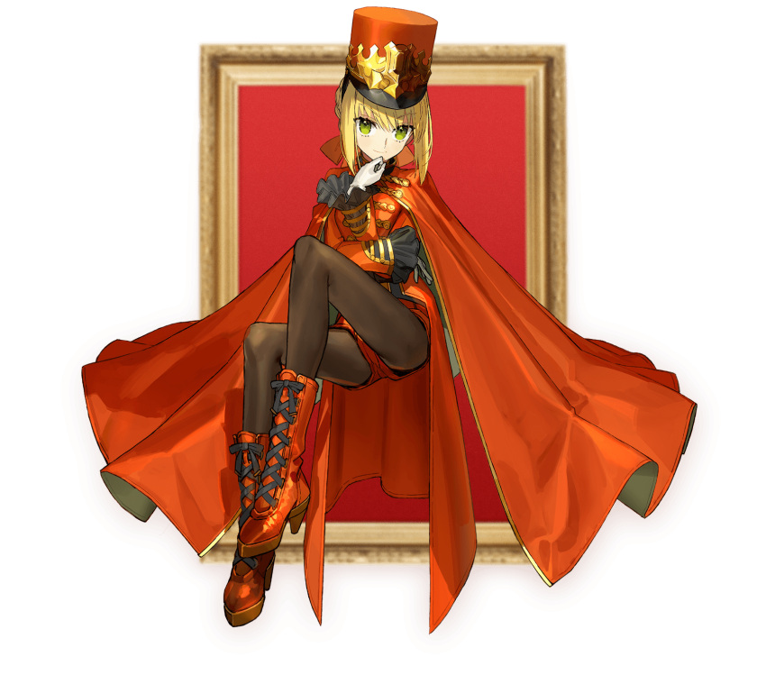 1girl alternate_costume band_uniform bangs blonde_hair blurry blurry_background boots braid cape closed_mouth cross-laced_footwear empty_picture_frame eyebrows_visible_through_hair eyelashes fate/extra fate_(series) french_braid frilled_sleeves frills full_body gloves green_eyes hair_between_eyes hand_on_own_chin hat highres lace-up_boots long_sleeves looking_at_viewer nero_claudius_(fate) pantyhose picture_frame promotional_art red_cape red_footwear red_headwear red_shorts red_skirt shako_cap short_shorts shorts skirt smile solo transparent_background wada_arco white_gloves