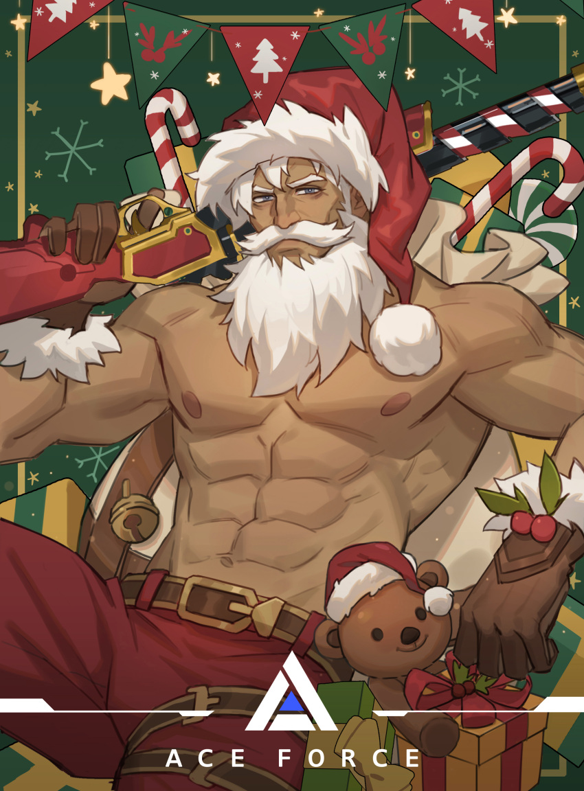 1boy abs absurdres amo_(amo9612) bag bara barber_pole beard bell biceps christmas facial_hair flag gift gloves grey_eyes gun hat highres leather leather_belt leg_belt looking_at_viewer lying male_focus manly mature_male muscular muscular_male nipples on_back original pants pectorals santa_costume santa_hat solo stuffed_animal stuffed_toy teddy_bear thick_arms thick_eyebrows topless topless_male weapon white_hair