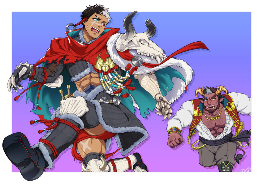 2boys abs alec_(another_eidos) another_eidos-r artist_name bara beard belt black_hair blue_eyes blush boots brown_hair cape chest_armor claws clenched_hand coat collared_coat collared_crop_top crop_top dagger dark-skinned_male dark_skin demon demon_boy facial_hair fang gauntlets gloves grey_hair hairy heterochromia highres horns jewelry knee_pads knife large_pectorals leg_armor long_sleeves looking_at_another looking_back male_focus male_underwear multicolored_hair multiple_boys muscular muscular_male necklace nervous open_mouth pectorals pointy_ears prosthesis prosthetic_arm running scar scar_across_eye scar_on_face scar_on_leg skirt skull stalon_(another_eidos) sweat sweatdrop sword tail tan teeth thick_arms thick_eyebrows thick_thighs thighs tight tongue tusks underwear weapon white_hair yanai_inaya