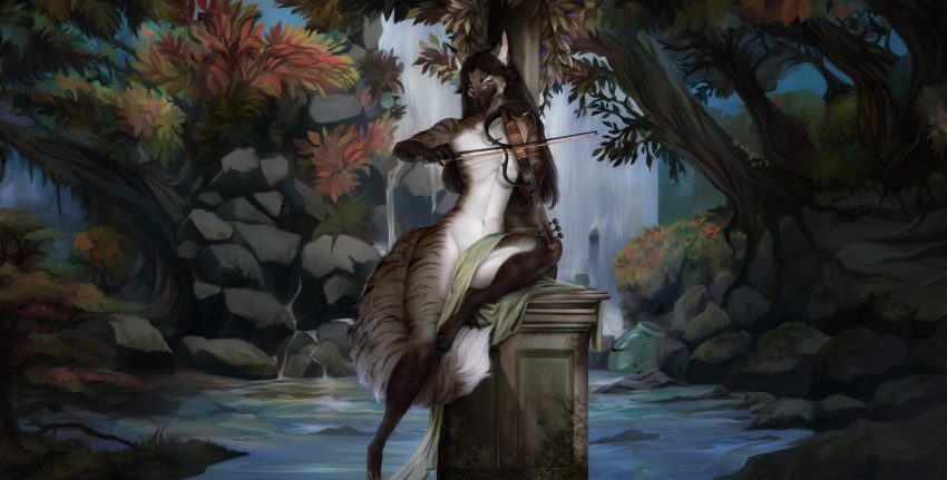 2022 anthro bowed_string_instrument brown_body brown_fur brown_hair canid canine countershading detailed_background digital_media_(artwork) fluffy fluffy_tail fur grisharexash hair heron_stellanimus hi_res long_hair male mammal maned_wolf musical_instrument nipples nude solo string_instrument striped_body striped_fur stripes violin white_body white_fur