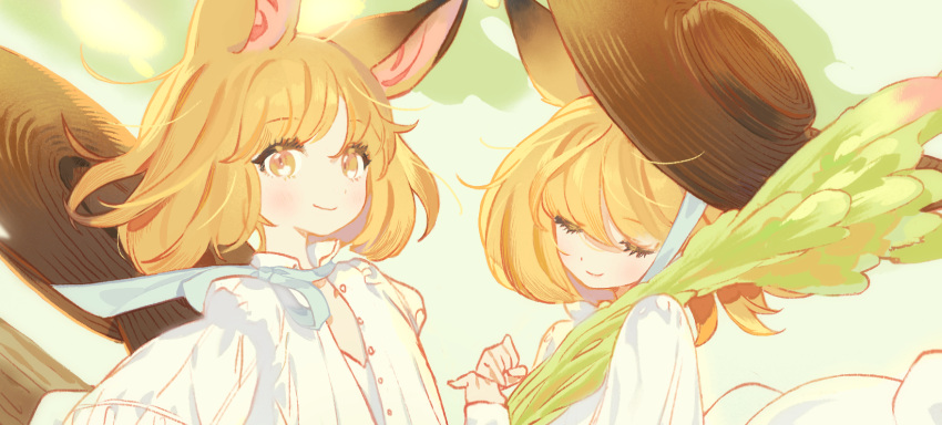 2girls animal_ears bangs blonde_hair blue_ribbon bob_cut brown_headwear close-up closed_eyes closed_mouth cropped dot_nose eyebrows_visible_through_hair eyelashes eyes_visible_through_hair facing_viewer floating_hair fox_ears from_side gwayo hair_between_eyes hands_up hat hat_around_neck highres holding light_blush looking_at_viewer looking_to_the_side multiple_girls original outdoors plant ribbon short_hair side-by-side sun_hat u_u upper_body wind wing_collar