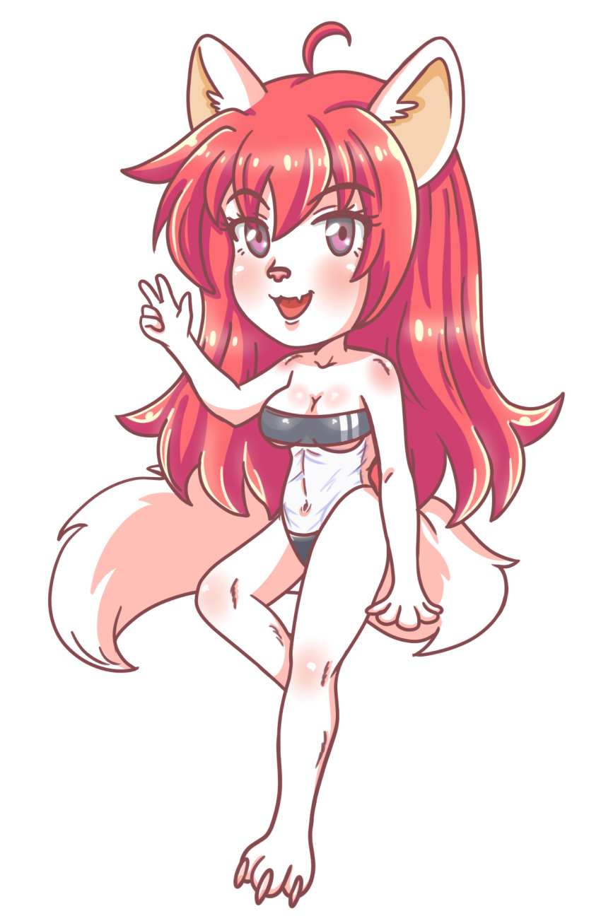 anime_style artemis_tsukino breasts chibi claws clothing cute_fangs domestic_cat felid feline felis female fluffy fluffy_tail fur gesture gris_swimsuit hair hi_res long_hair long_tail mammal meme meme_clothing nails navel one-piece_swimsuit open_mouth paws pink_eyes pink_hair pink_nose red_folt simple_background sitting smile solo swimwear translucent translucent_clothing translucent_swimwear v_sign white_body white_fur