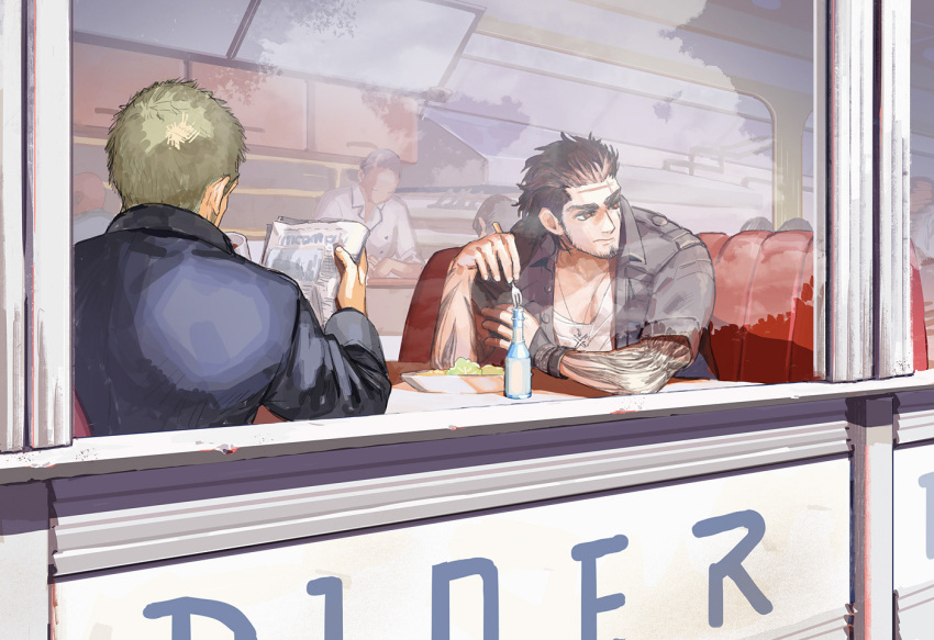 2boys bara beard bottle cor_leonis diner eating facial_hair final_fantasy fork from_side gladiolus_amicitia hair_slicked_back holding holding_fork jewelry long_sideburns male_focus mature_male medium_hair multiple_boys muscular muscular_male necklace newspaper pectoral_cleavage pectorals reading restaurant scar scar_across_eye scar_on_face short_hair sideburns sitting smile stubble tokumei_wombat undercut window
