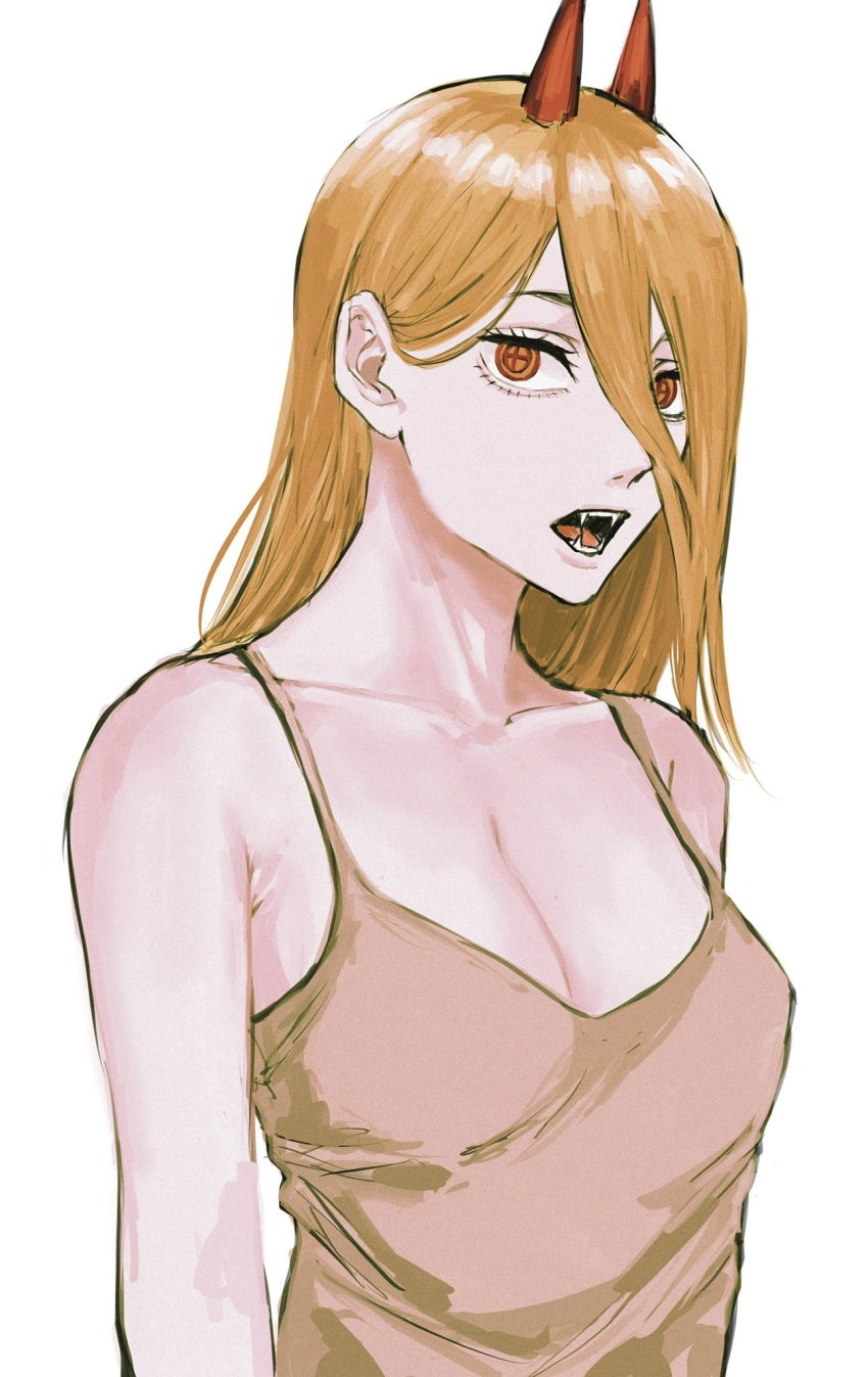 +_+ 1girl blonde_hair breasts brown_camisole camisole chainsaw_man cleavage collarbone demon_horns expressionless eyelashes fangs hair_between_eyes highres horns long_hair looking_at_viewer medium_breasts open_mouth power_(chainsaw_man) raberu_ruru red_eyes simple_background sleeveless solo straight_hair upper_body white_background