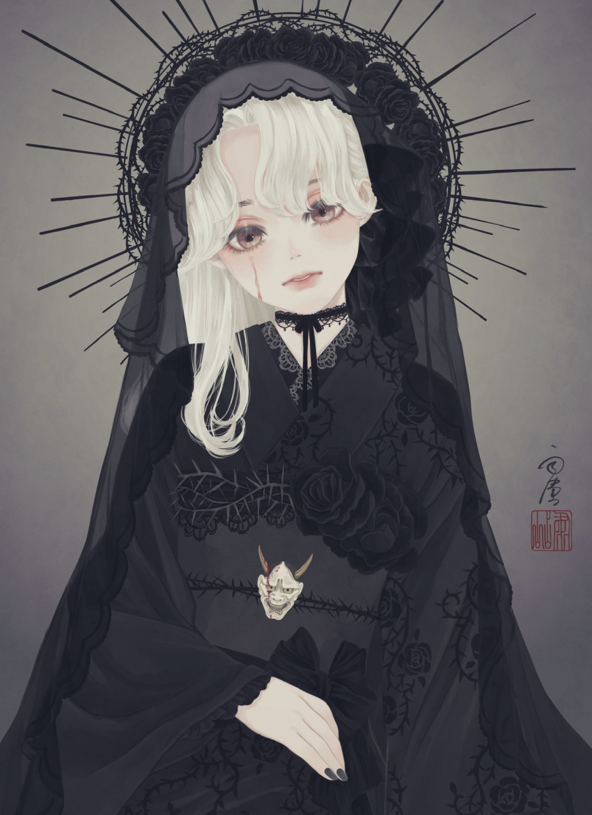 1girl artist_name bangs black_choker black_flower black_kimono black_nails black_rose black_veil choker closed_mouth commentary_request expressionless flower frilled_sleeves frills grey_background grey_eyes halo hannya head_tilt highres japanese_clothes kimono lace lace-trimmed_choker lace_trim long_hair long_sleeves looking_at_viewer nail_polish noh_mask obi obiage obijime original print_kimono ribbon_choker rose runny_makeup sash seal_impression signature solo thorns upper_body ushiyama_ame veil white_hair wide_sleeves