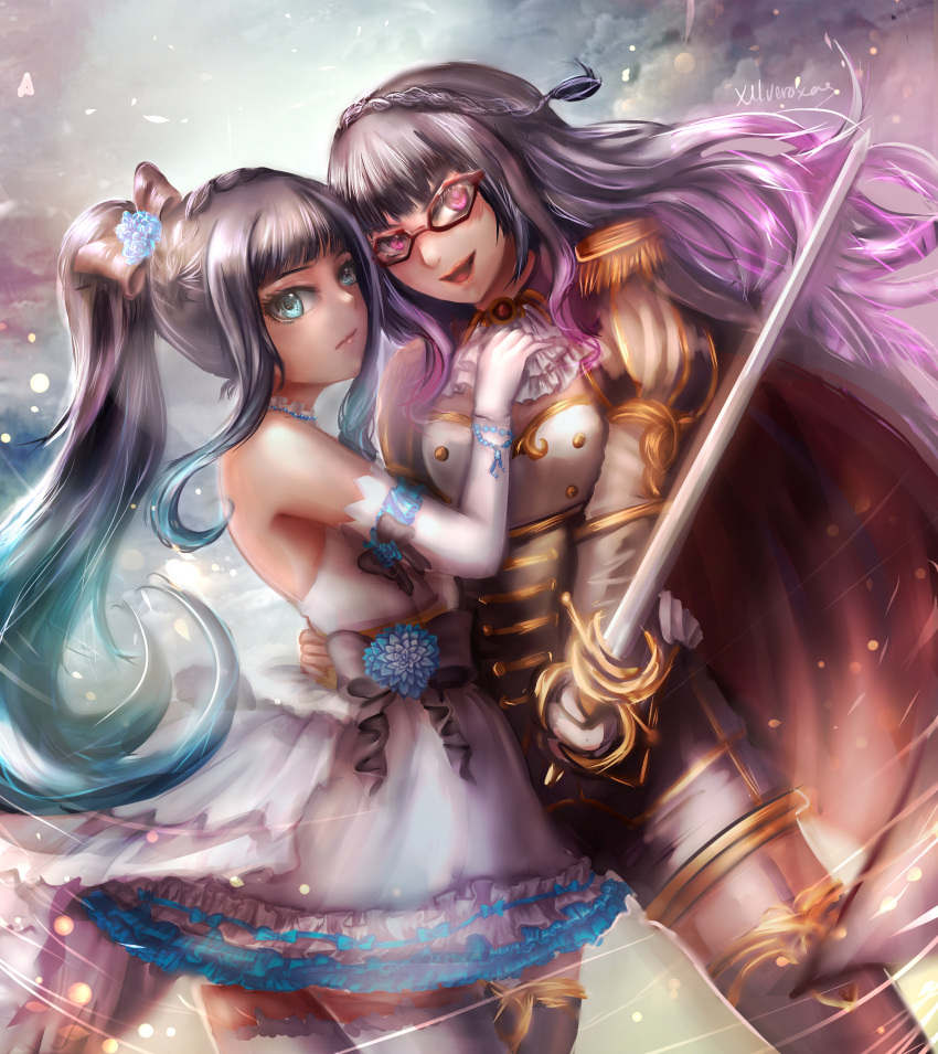 absurdres aqua_eyes hand_on_another's_waist highres ndw princess puffy_sleeves purple_eyes sword weapon xilveroxas