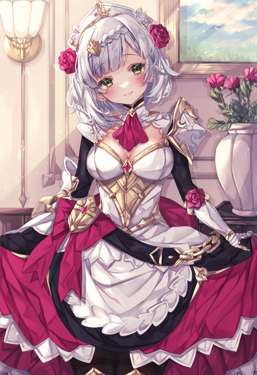 1girl absurdres apron armor armored_dress ascot blush braid braided_bangs flower gauntlets genshin_impact green_eyes grey_hair hair_flower hair_ornament highres maid medium_hair noelle_(genshin_impact) pink_flower pink_rose red_ascot rose skirt_hold smile solo sorashima_(117)