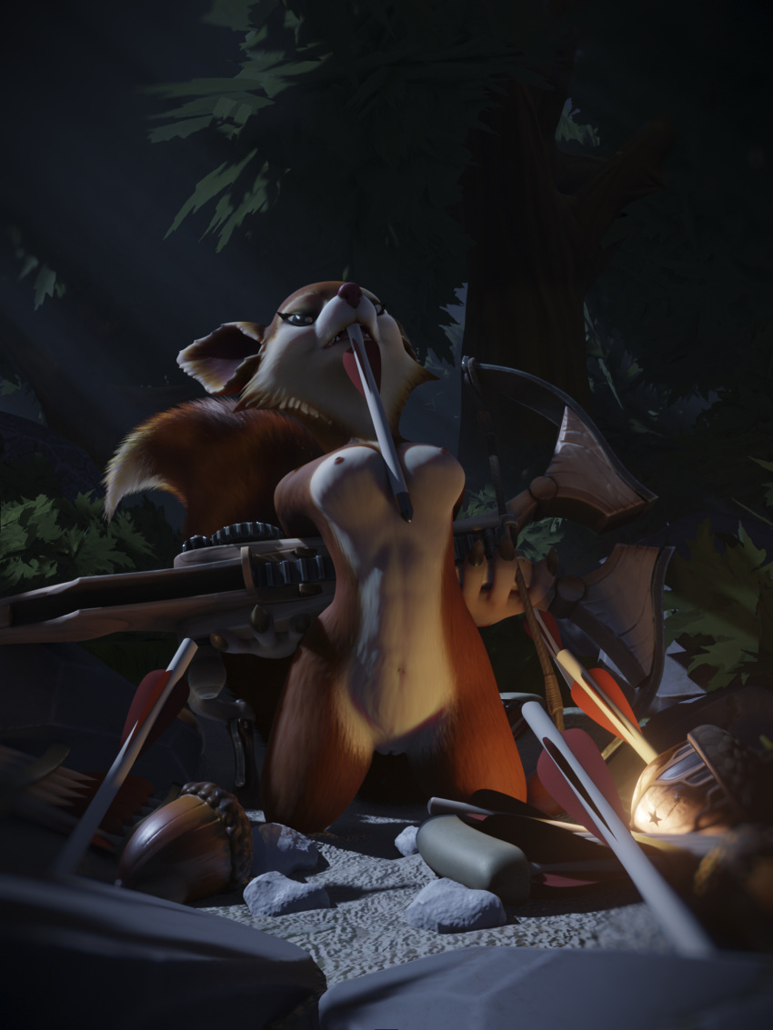3:4 3d_(artwork) 4_fingers acorn ano_delta anthro blue_eyes bolts breasts claws crossbow digital_media_(artwork) dota female fingers food forest fruit fur hi_res holding_object holding_weapon hoodwink_(dota) kneeling looking_at_viewer mammal night nude nut_(fruit) object_between_breasts object_in_mouth outside plant ranged_weapon red_body red_fur rock rodent sciurid solo tail_tuft teeth tree tree_squirrel tuft video_games weapon white_body wood