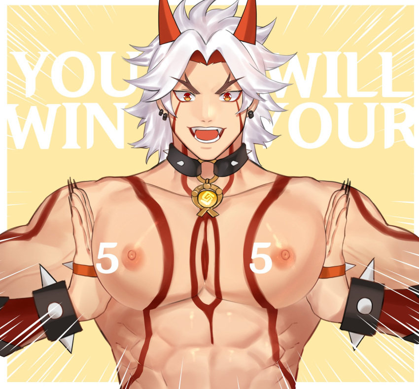 abs arataki_itto bara bracelet genshin_impact highres horns jewelry large_pectorals long_hair male_focus mature_male muscular muscular_male oni oni_horns pale_skin pectoral_press pectoral_squeeze pectorals red_eyes spiked_bracelet spikes tattoo toned toned_male white_hair zhineart