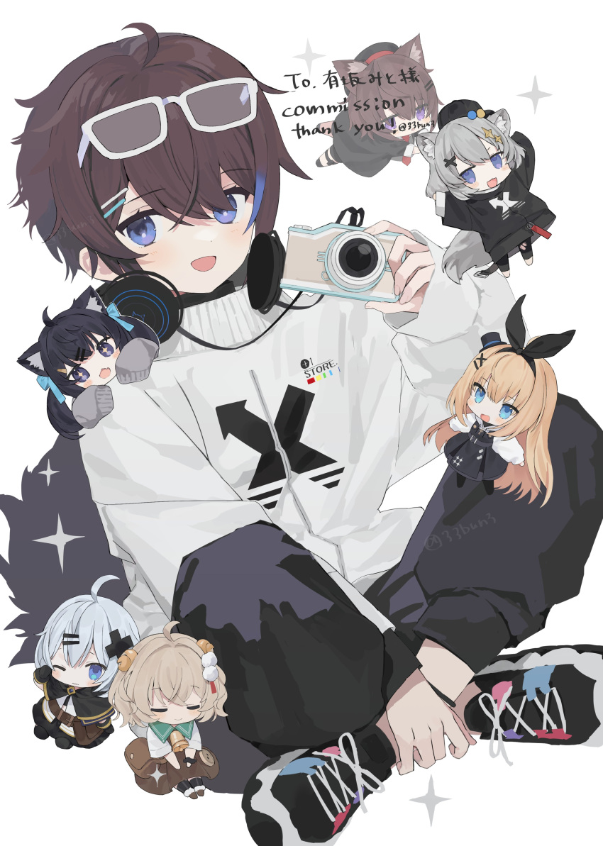 1boy 33bun3 6+girls absurdres ahoge animal_ear_fluff animal_ears arms_up bell belt belt_pouch black_bow black_capelet black_footwear black_gloves black_hair black_headwear black_legwear black_scrunchie black_skirt blonde_hair blue_bow blue_eyes blue_hair blush blush_stickers bow brown_belt brown_footwear brown_hair brown_skirt bush buttons camera capelet check_copyright chibi closed_eyes closed_mouth clothes_writing commission copyright_request eyebrows_visible_through_hair eyewear_on_head fang fingernails gloves grey_hair hair_between_eyes hair_ornament hairclip half-closed_eyes hat headphones headphones_around_neck highres holding holding_camera hood hood_down horns jewelry key key_necklace light_brown_hair long_hair medium_hair multicolored_hair multiple_girls neck_bell necklace on_shoulder one_eye_closed open_mouth original pouch purple_eyes scrunchie shoes sitting skeb_commission skin_fang skirt sleeves_past_fingers sleeves_past_wrists smile sneakers sparkle sparkle_print sparkling_eyes star_(symbol) star_hair_ornament tail thank_you thigh_strap top_hat torn torn_clothes torn_legwear triangle_mouth turtleneck twintails very_long_hair white-framed_eyewear x_hair_ornament yellow_pupils zipper