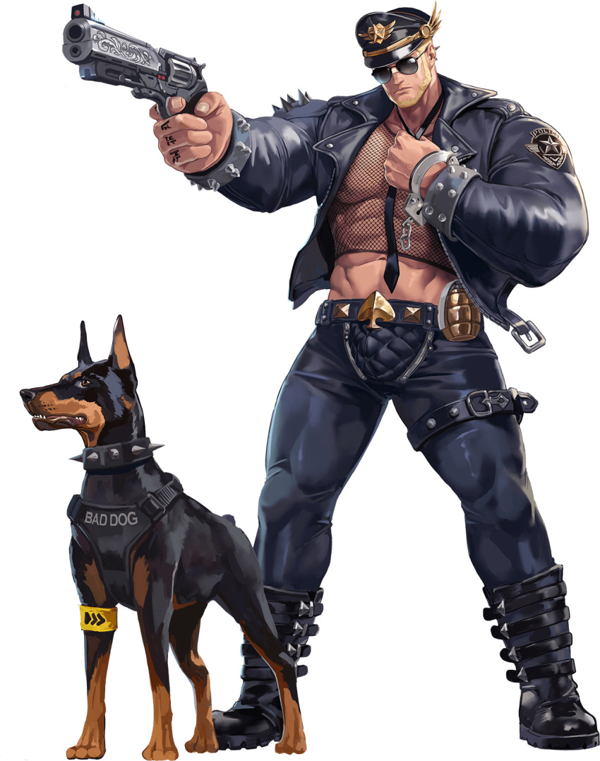 1boy aiming artist_request bara beard biceps blonde_hair boots chest_plate collar collared_jacket crop_top crotchless cuffs dog explosive facial_hair finger_tattoo fishnets glasses grenade gun gyee handcuffs hat highres jacket leather leather_belt leather_boots leather_jacket leather_pants leg_belt male_focus manly mature_male muscular muscular_male navel official_art open_clothes open_jacket pants police_hat revolver santos_(gyee) short_hair spade_(shape) spiked_collar spiked_jacket spikes tattoo thick_arms thick_thighs thighs tight transparent_background unzipped weapon