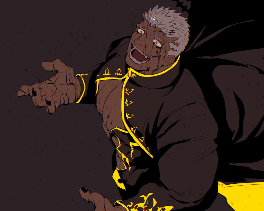 1boy abs asahi_(zabaniyan) bara black_background black_blood black_nails blood coat coat_lift collared_coat crazy crazy_eyes crazy_smile crotch_plate dark-skinned_male dark_skin facial_tattoo highres israfil_(housamo) large_pectorals long_sleeves male_focus manly mature_male muscular muscular_male open_mouth pectorals red_eyes sideburns solo spiked_hair tattoo teeth tight tokyo_afterschool_summoners tongue white_hair