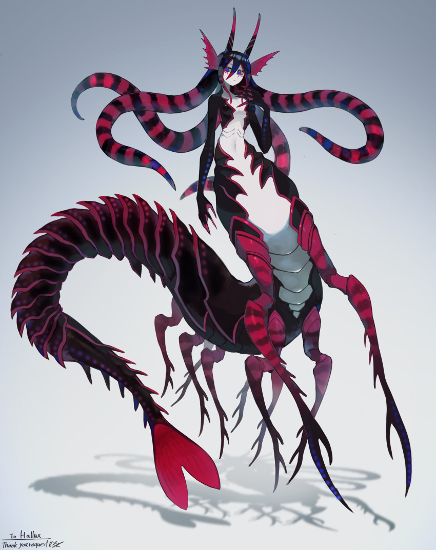 1girl arthropod_girl arthropod_limbs black_hair carapace claws colored_skin commission facial_mark full_body gills gradient gradient_background head_fins highres horns monster_girl multicolored_skin original purple_pupils red_hair ruteko_(ruko220) shadow signature skeb_commission solo tail taur tentacle_hair tentacles webbed_hands
