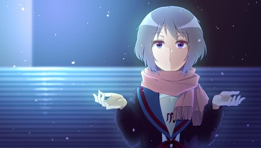 1girl alternate_eye_color bangs blue_sailor_collar blue_skirt brown_cardigan cardigan commentary_request expressionless eyebrows_visible_through_hair hands_up highres kita_high_school_uniform long_sleeves looking_up nagato_yuki night nikkezyoruno open_cardigan open_clothes pink_scarf purple_eyes purple_hair red_ribbon ribbon sailor_collar scarf school_uniform serafuku short_hair skirt snow solo suzumiya_haruhi_no_shoushitsu suzumiya_haruhi_no_yuuutsu upper_body