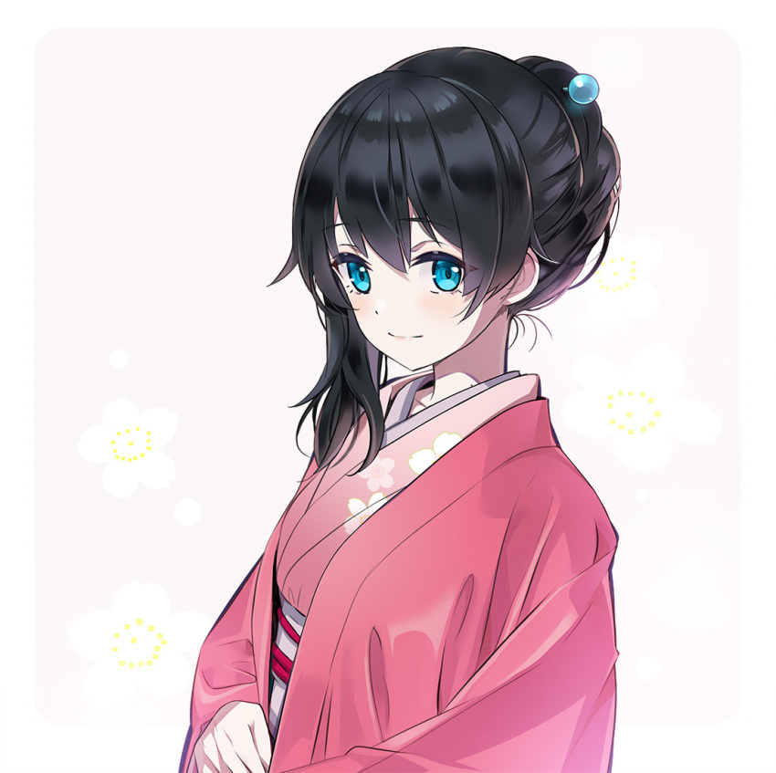 1girl bangs black_hair blue_eyes blush closed_mouth commentary_request eyebrows_visible_through_hair hair_between_eyes hair_bun japanese_clothes kimono long_hair long_sleeves looking_at_viewer nijisanji nyoro_(nyoronyoro000) onomachi_haruka pink_kimono simple_background smile solo upper_body virtual_youtuber white_background