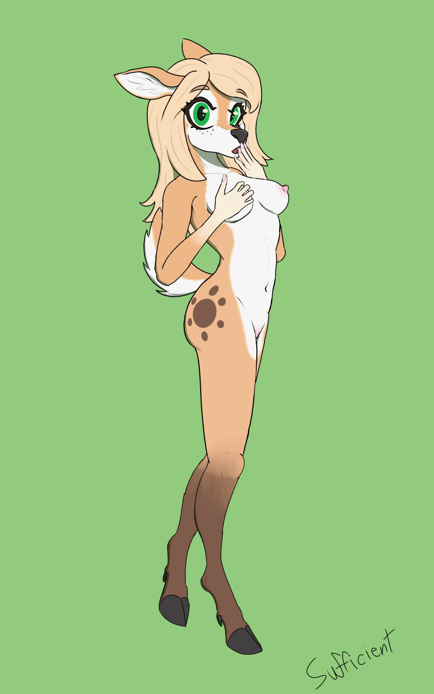 2022 absurd_res anthro areola blonde_hair breasts cervid female freckles full-length_portrait green_eyes hair hi_res mammal markings navel nude pink_areola portrait scut_tail short_tail solo spots sufficient_(artist) tan_body unguligrade_anthro white_markings