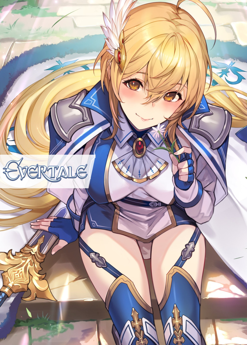 1girl ahoge arm_support armor artist_request bangs blonde_hair blue_gloves breasts brooch cape closed_mouth copyright_name evertale feet_out_of_frame fingerless_gloves flower from_above garter_straps gloves hair_between_eyes hand_up highres holding holding_flower jewelry long_hair long_sleeves looking_at_viewer medium_breasts official_art rizette shoulder_armor sitting smile solo sword thighhighs watermark weapon yellow_eyes