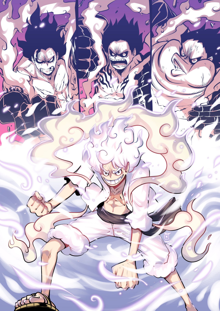 1boy clenched_hands cross_scar fighting_stance gear_fifth gear_fourth glowing glowing_hair highres kenron_toqueen looking_at_viewer monkey_d._luffy multiple_persona one_piece open_clothes sandals sash scar scar_on_chest shorts smile thick_eyebrows white_hair