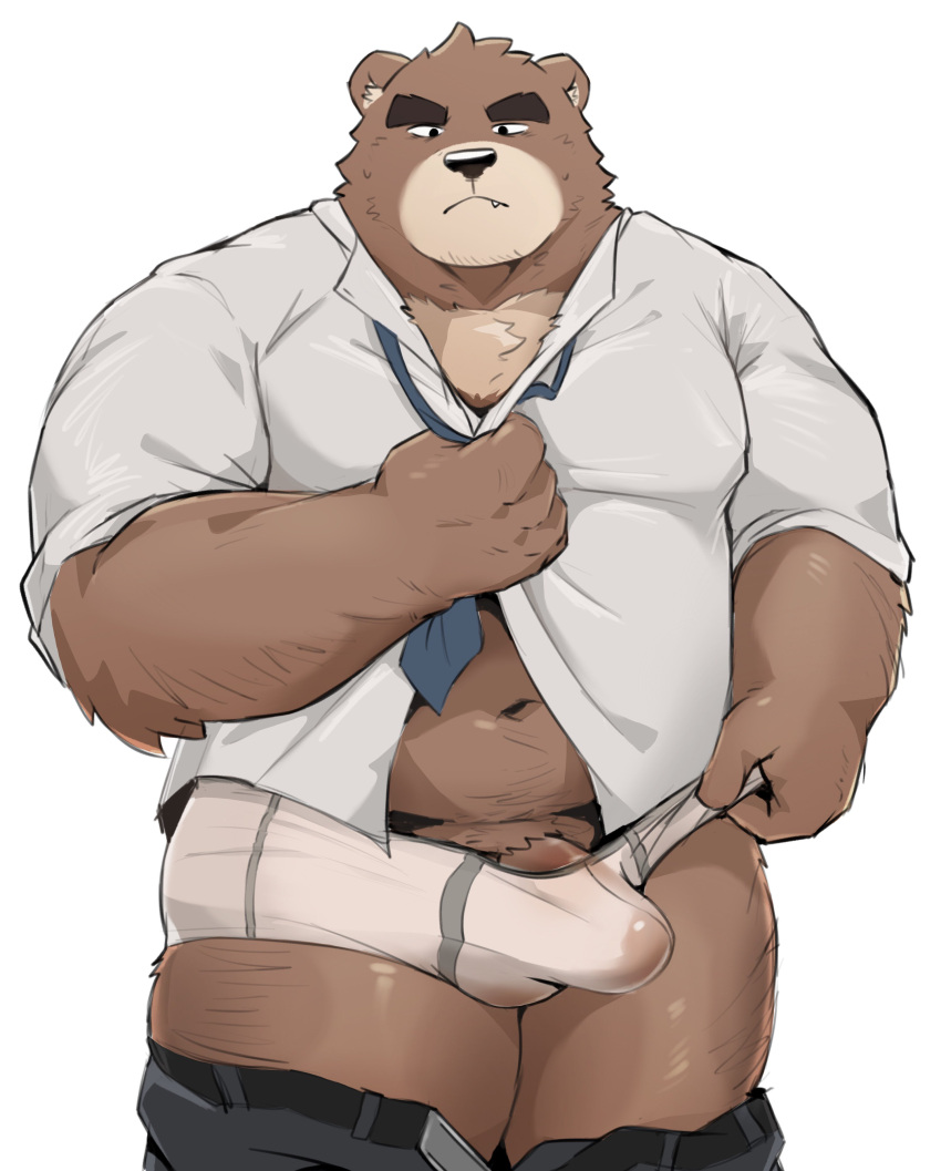 2022 absurd_res anthro belly big_belly black_nose brown_body bulge clothing cute_fangs genitals hi_res humanoid_hands kemono male mammal morningbread16 navel necktie overweight overweight_male penis shirt simple_background solo topwear ursid white_background