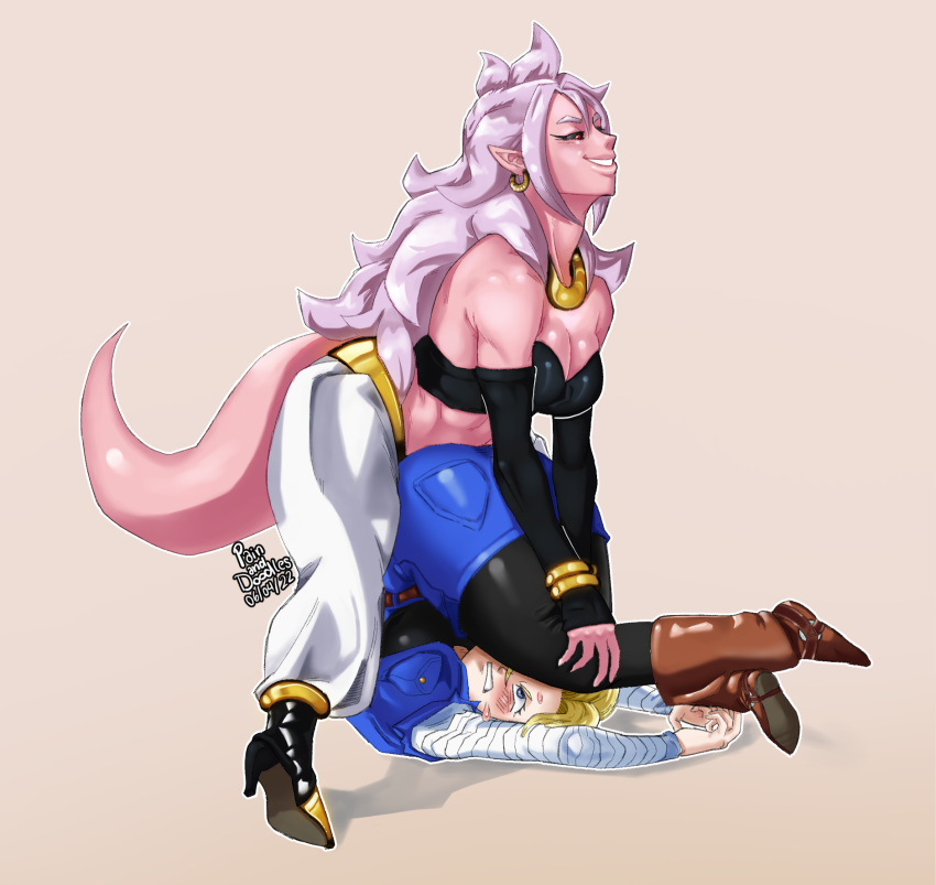 2girls android_18 android_21 ass baggy_pants blue_eyes blush boots breasts colored_skin dragon_ball dragon_ball_fighterz dragon_ball_z earrings high_heels highres jewelry leg_grab legs_over_head multiple_girls non-web_source pants pink_skin pinned pointy_ears skirt smile sweatdrop tail wrestling yuri
