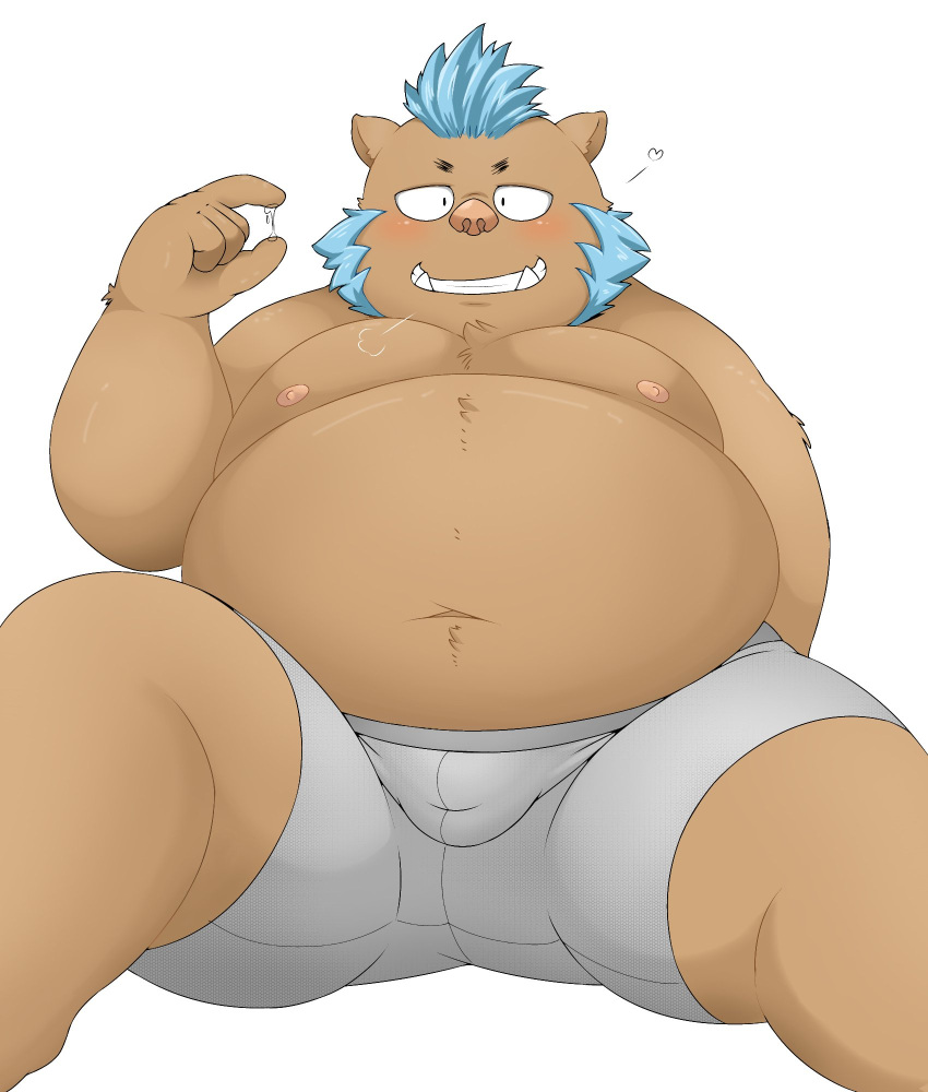 2022 anthro belly big_belly blue_hair bodily_fluids bulge clothing cum cum_on_hand genital_fluids gouryou gumpang0 hair hi_res kemono lifewonders male mammal moobs nipples overweight overweight_male simple_background sitting solo suid suina sus_(pig) tokyo_afterschool_summoners underwear video_games white_background wild_boar