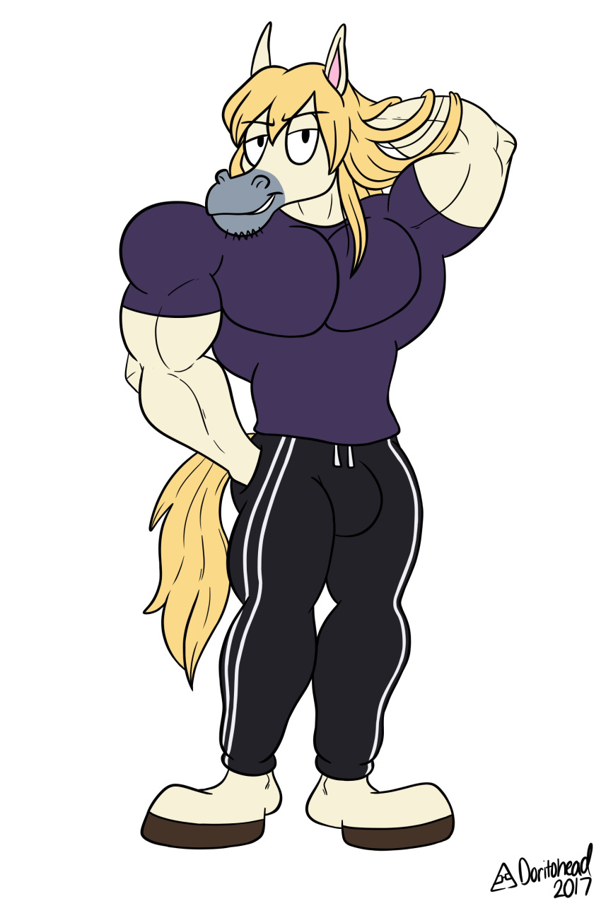 2017 absurd_res anthro artist_name biceps blonde_hair bulge digital_media_(artwork) doritohead dot_eyes draft_horse equid equine feet fur hair hand_behind_head hand_in_pocket heathcliff_rogers hi_res hooves horse long_hair long_tail looking_at_viewer male mammal muscular muscular_anthro muscular_male pecs pockets signature simple_background simple_eyes smile solo white_background white_body white_fur