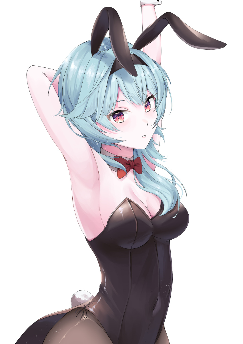 1girl absurdres animal_ears armpits arms_up bare_arms bare_shoulders black_headband black_legwear blue_hair bow bowtie breasts covered_navel detached_collar eula_(genshin_impact) eyebrows_visible_through_hair fake_animal_ears genshin_impact hair_between_eyes headband highleg highleg_leotard highres keya_(user_pnkz5883) lace_trim leotard light_blue_hair long_hair looking_at_viewer medium_breasts necktie parted_lips playboy_bunny purple_eyes rabbit_ears rabbit_tail red_bow red_bowtie side-tie_leotard simple_background solo stretch striped tail vertical_stripes white_background wrist_cuffs