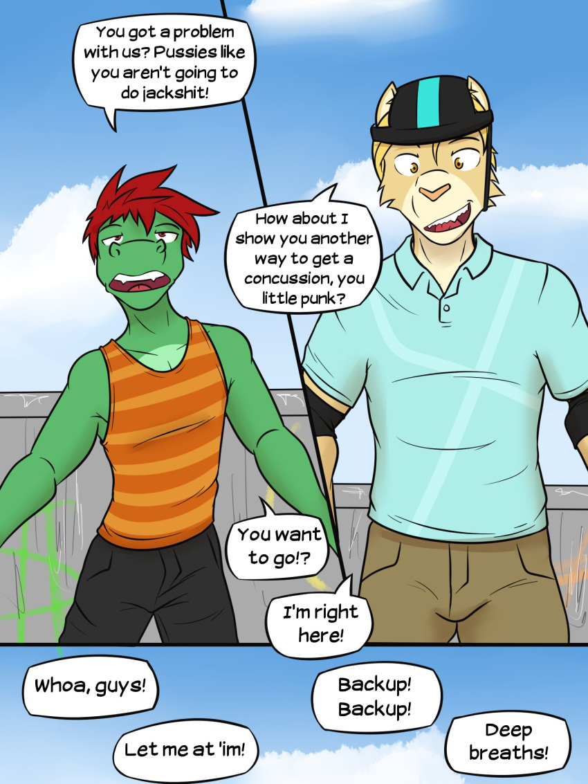 alligator alligatorid anthro bicycle_helmet clothed clothing comic crocodilian dialogue diego_abel duo elbow_pads english_text felid fully_clothed fuze hi_res male mammal pantherine polo_shirt reptile scalie shirt tank_top texnatsu text topwear