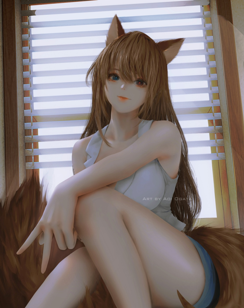 1girl animal_ears aoi_ogata artist_name bangs bare_arms bare_shoulders black_shorts blinds blue_eyes brown_eyes brown_hair clip_studio_paint_(medium) closed_mouth collarbone collared_shirt commentary commission english_commentary eyebrows_visible_through_hair hair_between_eyes highres knee_up long_hair looking_at_viewer original red_lips shirt short_shorts shorts sitting sleeveless sleeveless_shirt smile solo tail very_long_hair white_shirt window