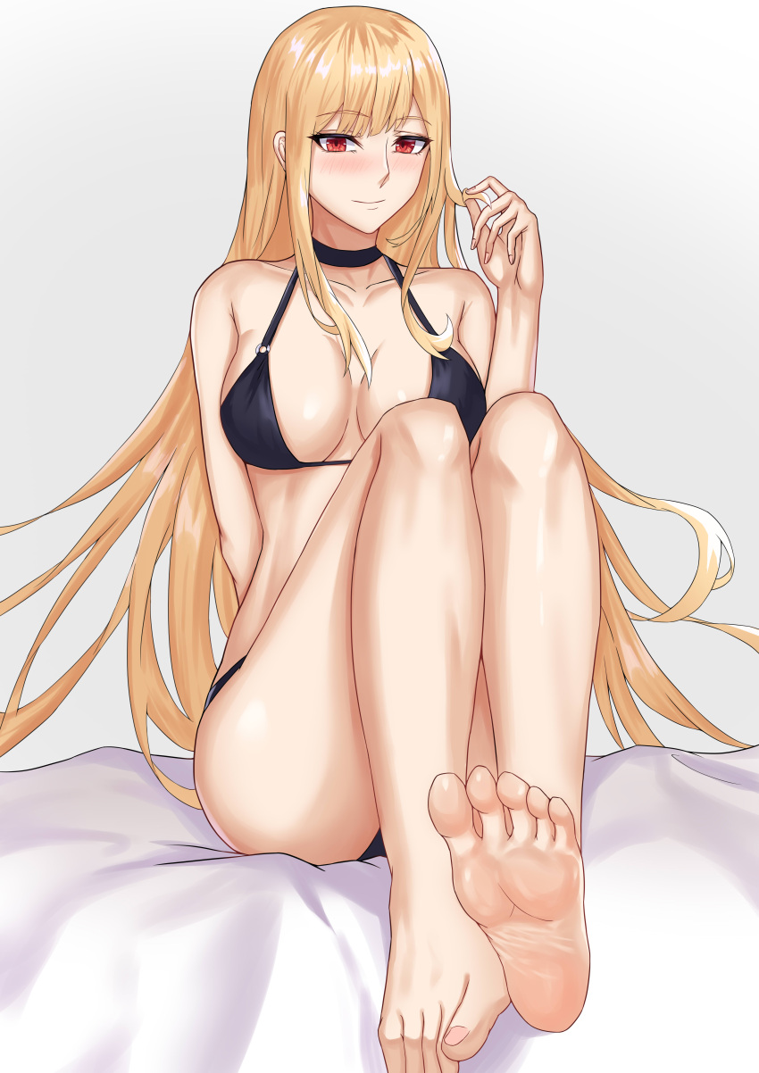 1girl absurdres arm_behind_back bangs bare_legs bare_shoulders barefoot bed bikini black_bikini black_swimsuit blonde_hair blush breasts closed_mouth collarbone eyebrows_visible_through_hair feet foot_focus freed_turing hand_in_own_hair highres kitagawa_marin legs long_hair looking_at_viewer medium_breasts red_eyes sitting smile soles solo sono_bisque_doll_wa_koi_wo_suru swimsuit toes white_background