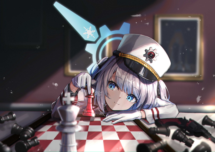 1girl absurdres black_ribbon blue_archive blue_eyes blurry board_game cherino_(blue_archive) chess chess_piece chessboard coat depth_of_field eyebrows_visible_through_hair gloves gun hair_ribbon halo hat highres holding holding_chess_piece indoors kogane_ringo light_particles light_rays long_hair long_sleeves looking_to_the_side military_hat nagant_m1895 picture_frame revolver ribbon shako_cap smile solo sunbeam sunlight table two_side_up weapon white_coat white_gloves white_hair white_headwear