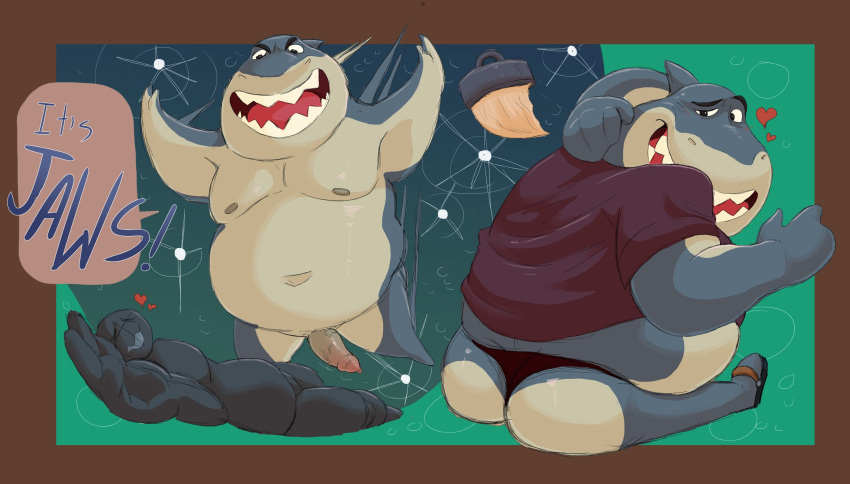 &lt;3 2022 anthro belly big_belly big_butt biped butt clothing dreamworks duo fish genitals haxsmack hi_res male marine moobs mr._shark_(the_bad_guys) nipples overweight overweight_male penis shark shirt sitting solo the_bad_guys topwear