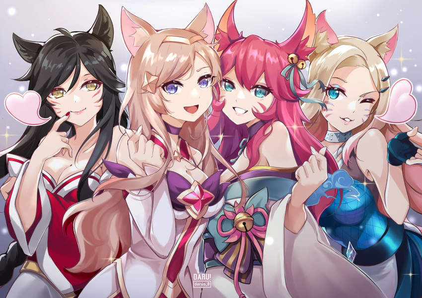 4girls :d ahri_(league_of_legends) animal_ear_fluff animal_ears aqua_eyes artist_name bangs bare_shoulders black_hair blonde_hair blue_eyes breasts brown_hair cleavage daru dress english_commentary eyebrows_visible_through_hair facial_mark finger_to_mouth forehead fox_ears fox_girl green_eyes hair_between_eyes hair_ornament heart highres k/da_(league_of_legends) k/da_ahri league_of_legends long_hair long_sleeves looking_at_viewer medium_breasts multiple_girls off-shoulder_dress off_shoulder official_alternate_costume open_mouth parted_bangs parted_lips purple_eyes red_hair sleeveless smile solo_focus sparkle spirit_blossom_ahri star_guardian_(league_of_legends) star_guardian_ahri upper_body whisker_markings wide_sleeves yellow_eyes